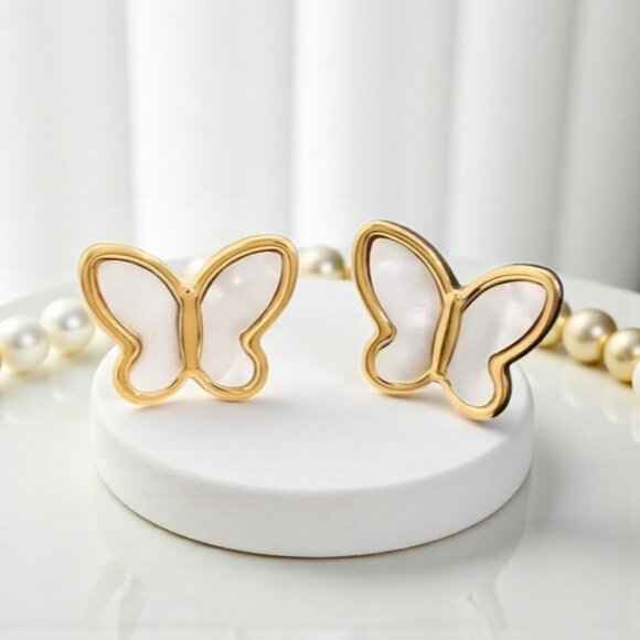 🆕 Whimsical Butterfly 18K Gold Plated Stainless Steel Mother Of Pearl Set - Picture 5 of 11